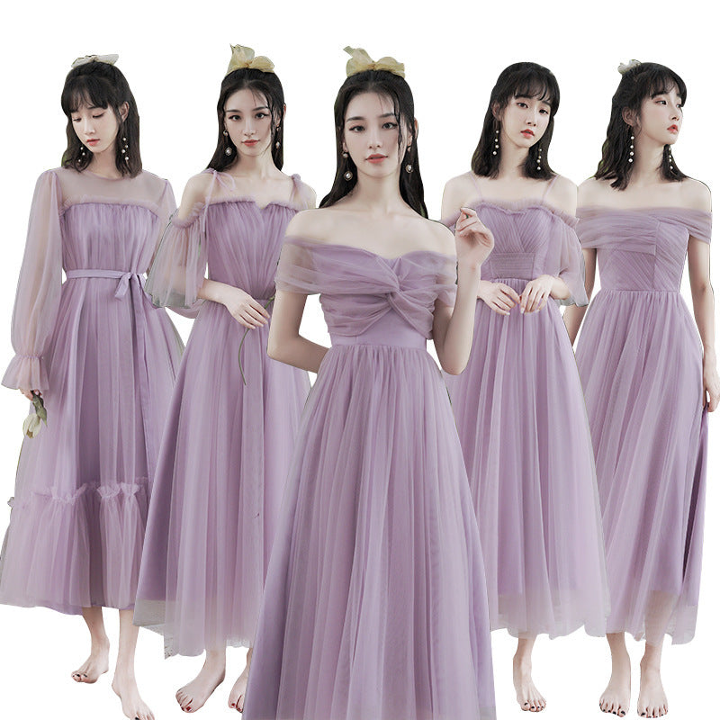 Purple Dress Bridesmaid Dress 2022 New off-Shoulder Bridesmaid Group Sisters' Clothes Graduation Chorus Daily Performance Slimming Dress H756