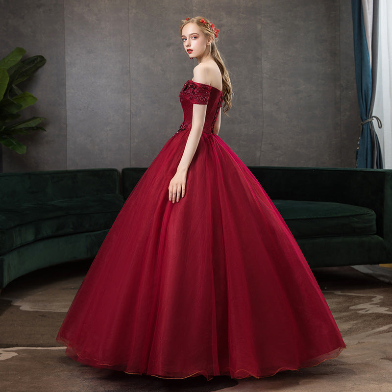 off shoulder dress formal dress evening dress red dress Top Vocal Music Art Test Beauty Sound Performance Pettiskirt Stage Host Annual Party Evening Dress H256