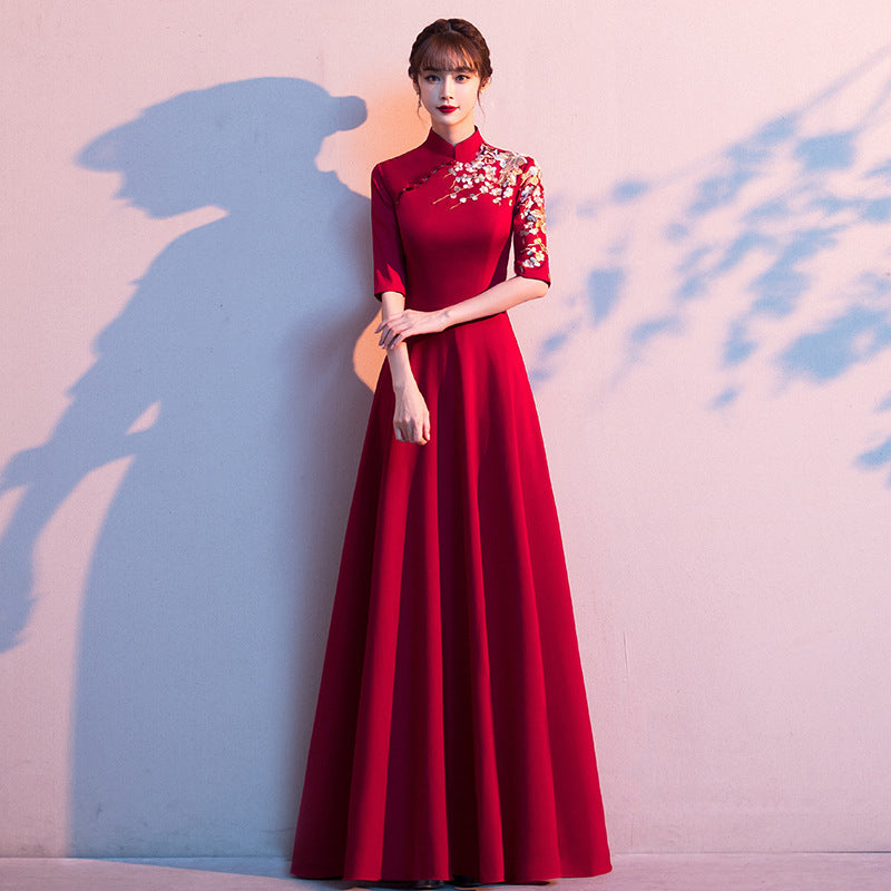 Cheongsam Embroidered Long Dress Red Gown Stand Collar Long Sleeve Dress Maxi Dress H283