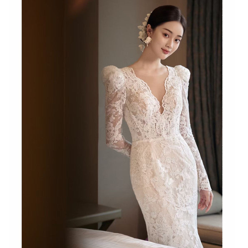 Bride dresses wedding dress Lace Fishtail Gown High-End Small Trailing Wedding Dress 2023 New Style White Bridal veil H899