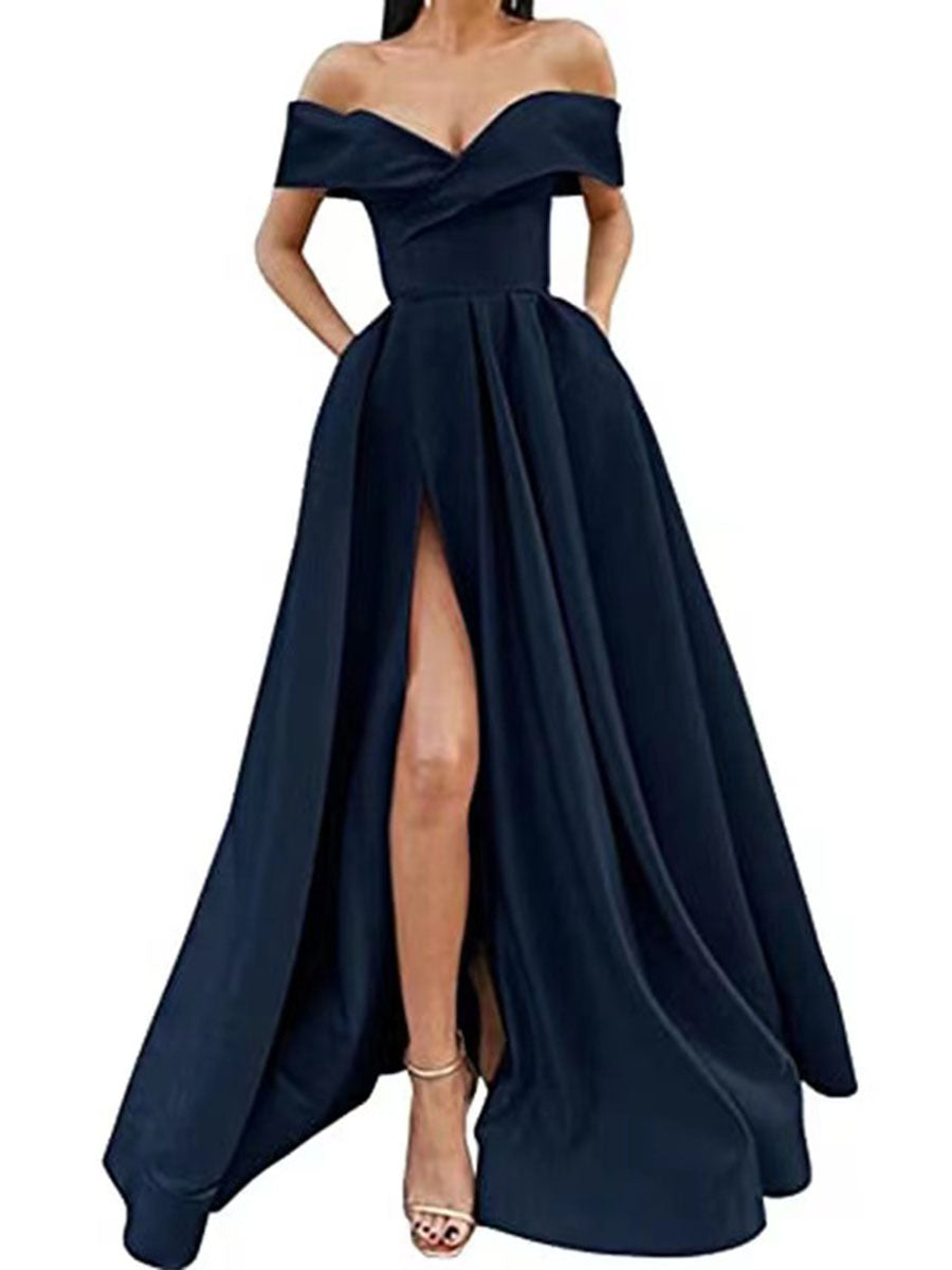 Party Dress satin black red off shoulder dinner dresses gala gown Women's European and American Style 2023 Cross-Border New Arrival Sexy Deep V Solid Color High-End Satin Banquet Evening Dress