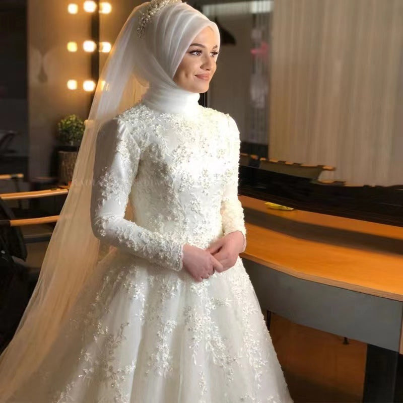 Muslim Wedding Dress Long Sleeve Dress Bridal Wedding Long Sleeve White Dignified Elegant Foreign Trade Wedding Dress H999