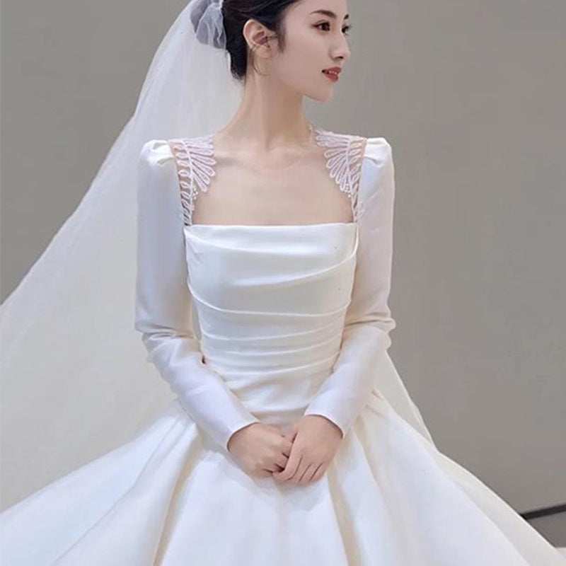 Satin Wedding Dress Bride 2022 New Main Yarn Retro Light Wedding Dress Advanced Wedding Veil Small Long Sleeve Winter dress LAS479