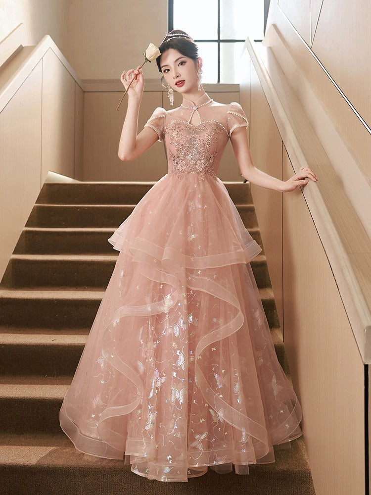 Pink Evening Dress Chinese style retro gown High-End Princess Vocal Music Art Test Performance Dresses gala H577