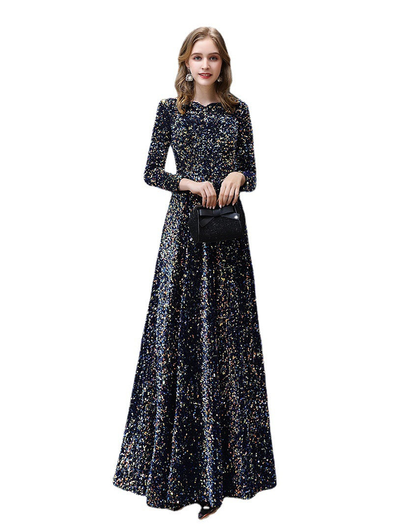 long sleeve dress wedding dress evening dress New Summer Choir Costumes Evening Dress Women's Banquet Temperament Host Red Song Command Dress LAS406