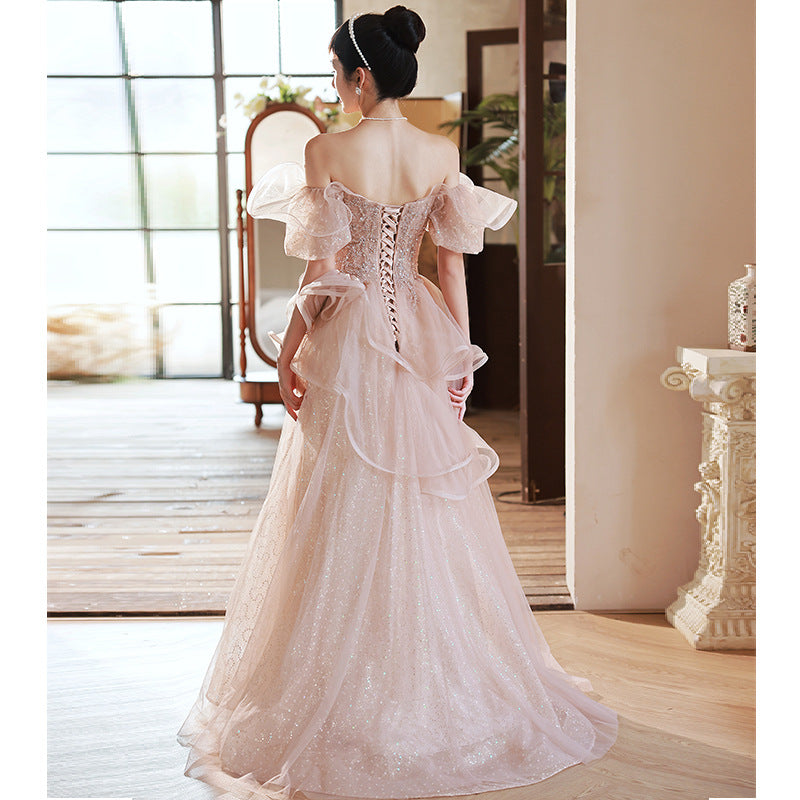 Dinner dress lace maxi dress formal prom gown long sleeve prom formal Pink Evening Dress off-the-Shoulder Gown Fairy H831