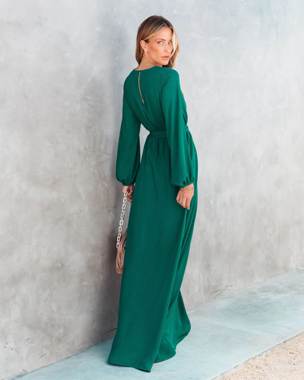 Long Dress Green Blue Long Sleeve European and American AliExpress Wish New Women's V-neck Long Sleeve Big Hem Long Dress H279