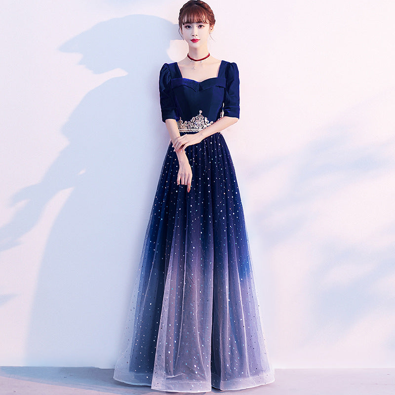 Evening Dress Sky Blue Banquet Gradient Dress Long Sleeve Skirt Party Dress H298