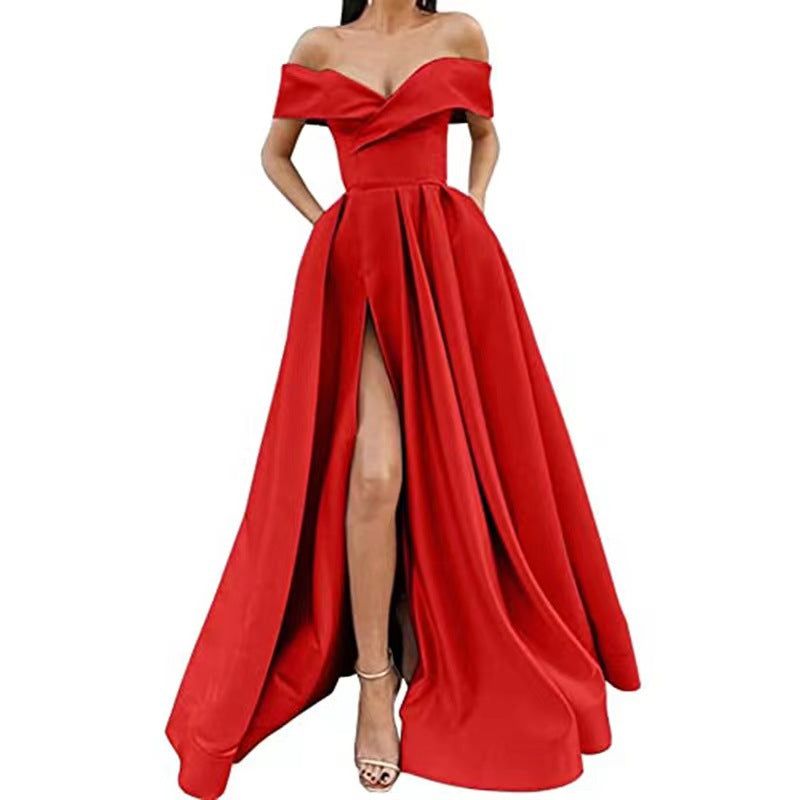 Party Dress satin black red off shoulder dinner dresses gala gown Women's European and American Style 2023 Cross-Border New Arrival Sexy Deep V Solid Color High-End Satin Banquet Evening Dress