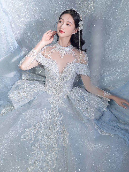 Bridal Long SKY BLUE Sleeve Palace Style Main Yarn Advanced Texture Wedding Veil Bride dress Princess dresses H233