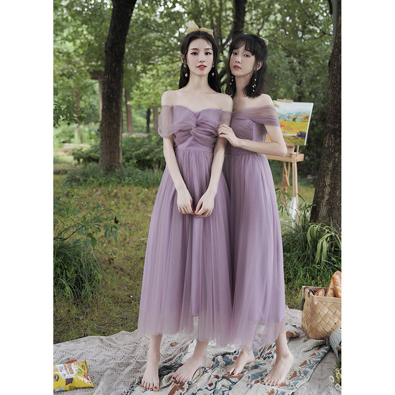 Purple Dress Bridesmaid Dress 2022 New off-Shoulder Bridesmaid Group Sisters' Clothes Graduation Chorus Daily Performance Slimming Dress H756