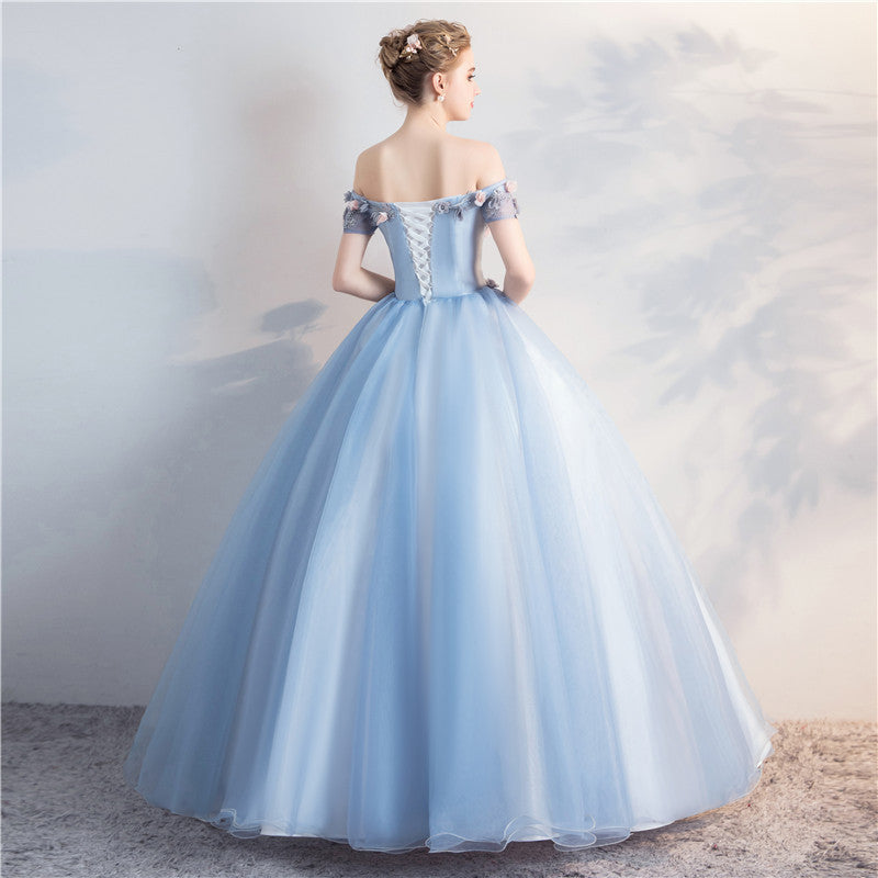 Sky Blue Wedding Dress Host Clothing Evening Dress 2023 New Bubble Skirt Bel Canto Solo Art Exam Host Formal Dress off-Shoulder Long Performance Dress H567