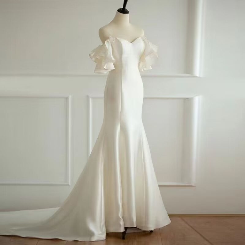 Bridal Dress Wedding Dresses Dinner Party Simple Retro Off-Shoulder Elegant Trailing French Dress H890