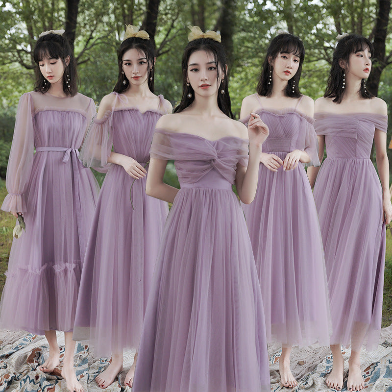 Purple Dress Bridesmaid Dress 2022 New off-Shoulder Bridesmaid Group Sisters' Clothes Graduation Chorus Daily Performance Slimming Dress H756