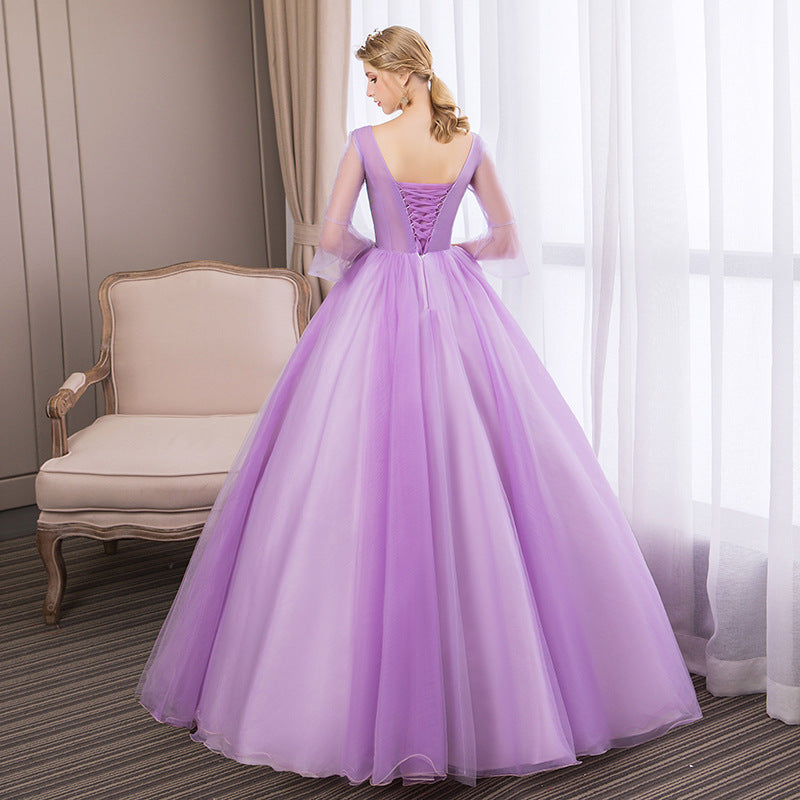 Wedding dress purple dress Violet dress long sleeve dress Women's Long Vocal Music Art Test Dress Annual Meeting Host Pettiskirt LAS374