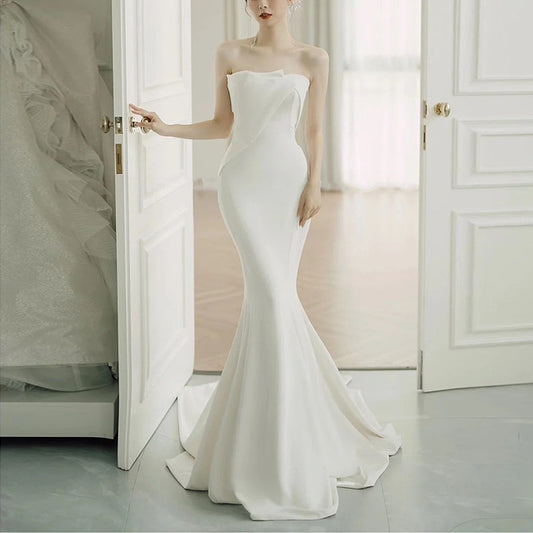 Fishtail Wedding Dress French Satin Bridal Wedding Tube Top Temperament Wedding Veil Small Tail Mori Style Slimming Evening Dress H273