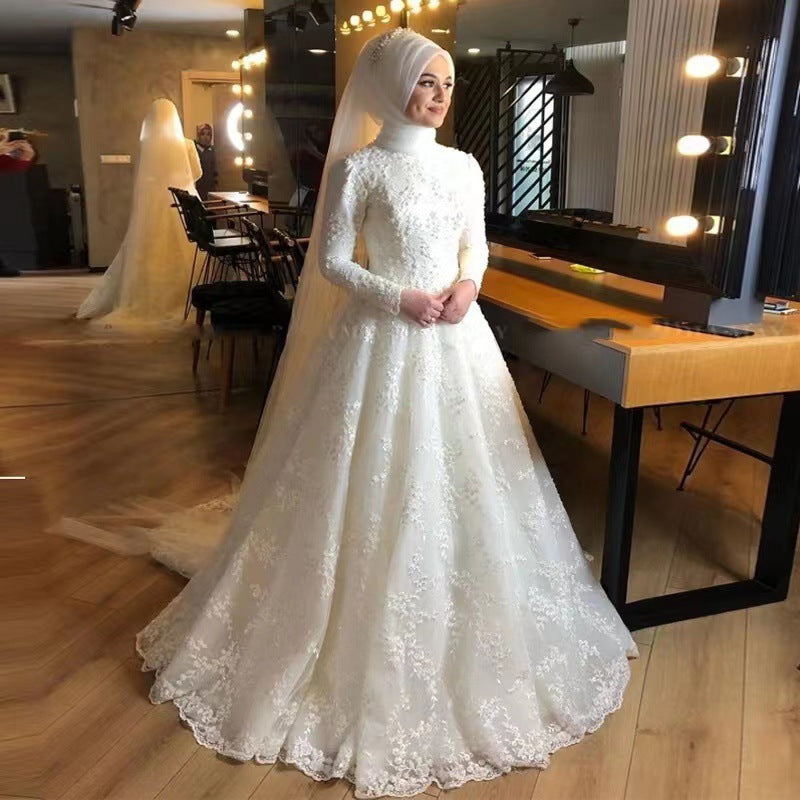 Muslim Wedding Dress Long Sleeve Dress Bridal Wedding Long Sleeve White Dignified Elegant Foreign Trade Wedding Dress H999