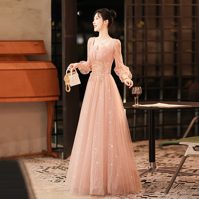 Pink Evening Dress for Women 2022 New Banquet Temperament Socialite French Evening Dress for Host Dignified and Elegant Dress