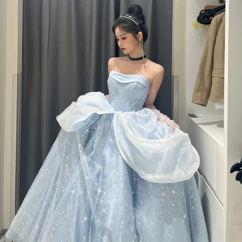 Dinner dress Blue Evening Dress Female Adult Ceremony Birthday Escape Princess Dress Light Luxury Minority High-End Vocal Music Art Test Performance Fairy H992