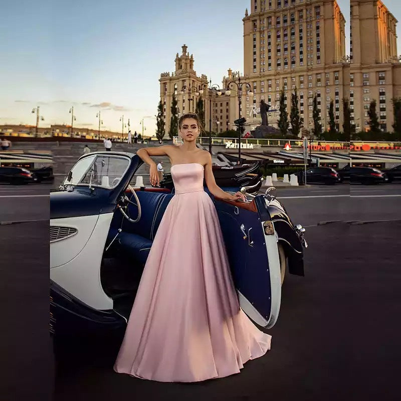 Evening Gown Women's 2023 New Style Pink Ball Gown Long Satin Tube Top Elegant Dress H338