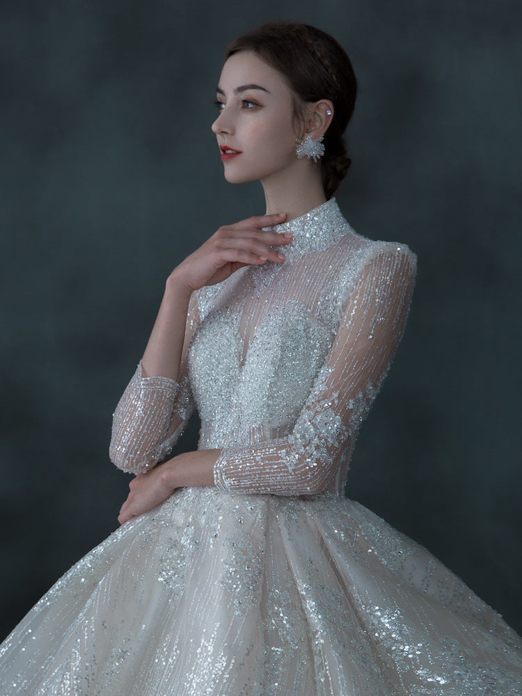 Main Wedding Dress Long Sleeve Stand Collar Bridal Wedding Dress Temperament Dreamy Slimming Trailing Bride Wedding Dress L0249