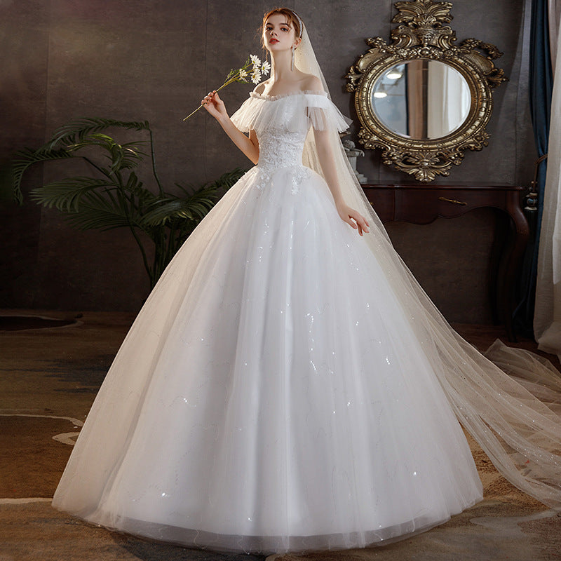 Wedding Dress off Shoulder Dress Lace Dress Princess Dress New off-Shoulder French Style Mori Dream Fairy Temperamental Bride Slim Fit Floor-Length Simple Female H266