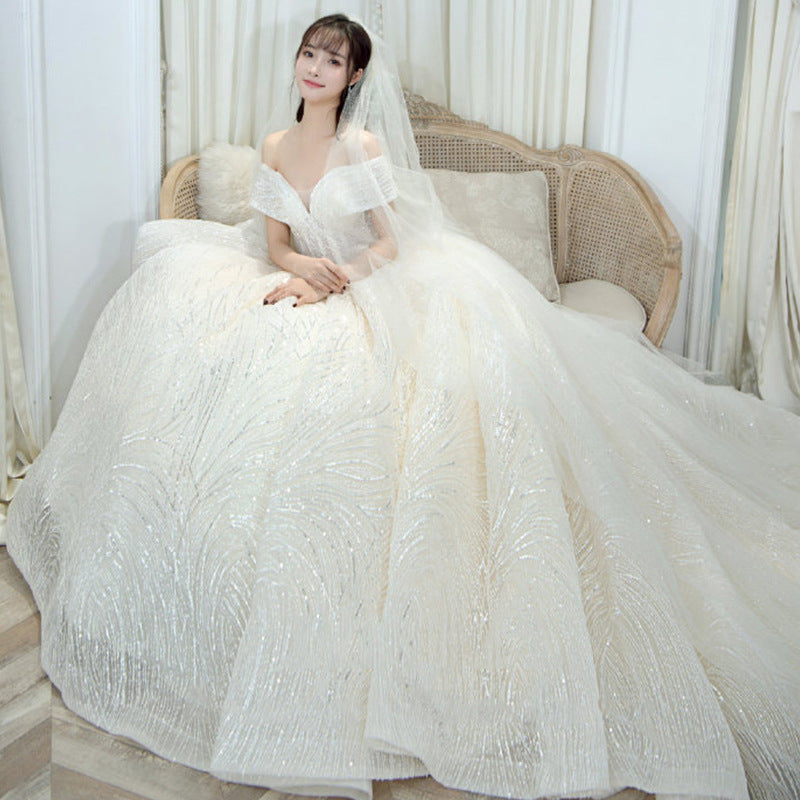 off-Shoulder Primary Wedding Dress  Bride Trailing Starry Sky Simple Super Fairy Mori Style Dream Dress H889