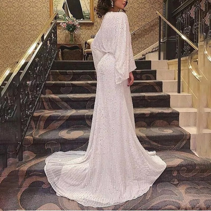 Evening Dress Party Sequined White Prom Dress Long Sleeve European and American V-neck Mop Long Sleeve Sequin Formal Dress Fishtail Banquet Elegant Dress H892