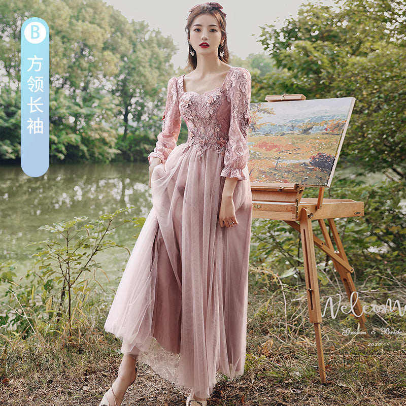 Pink Bridesmaid Dress Fairy Temperament 2022 New Spring Thickened Long Sleeve Girlfriends Ladybros' Dress Female Slimming