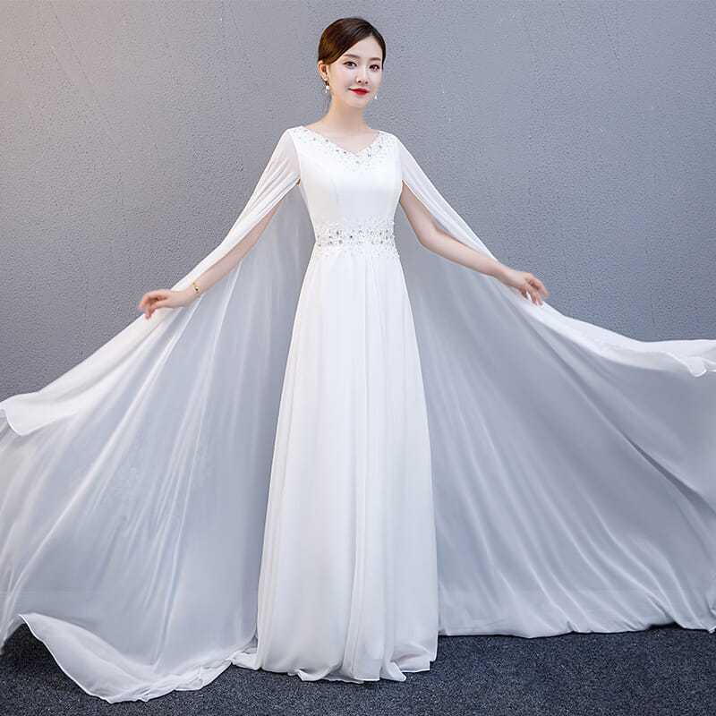 Dinner Dress Classical Chinese Style Fairy White Chiffon Performance Dress Long Performance Wear