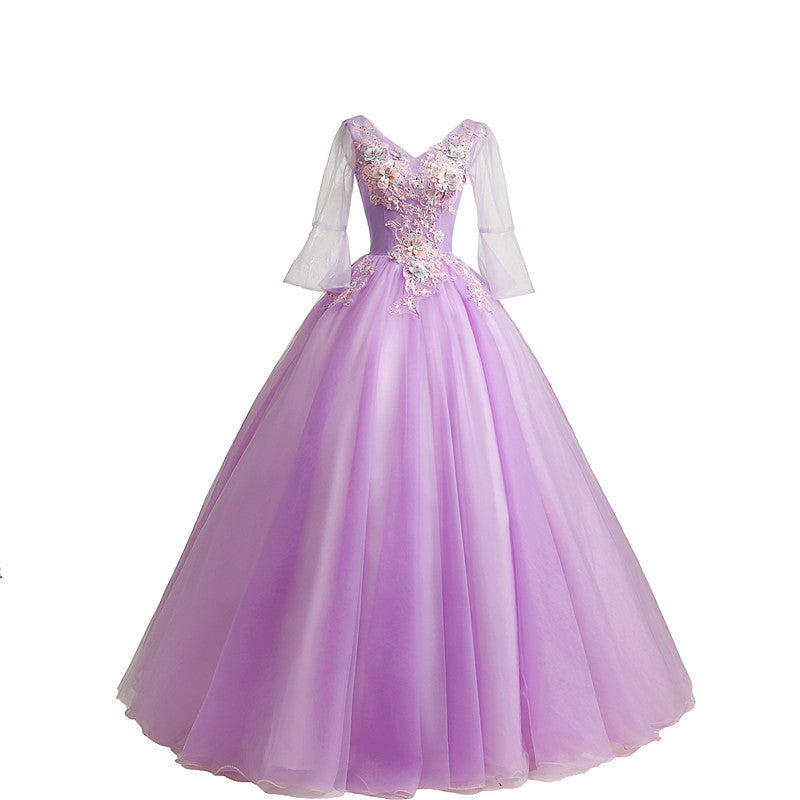 Wedding dress purple dress Violet dress long sleeve dress Women's Long Vocal Music Art Test Dress Annual Meeting Host Pettiskirt LAS374