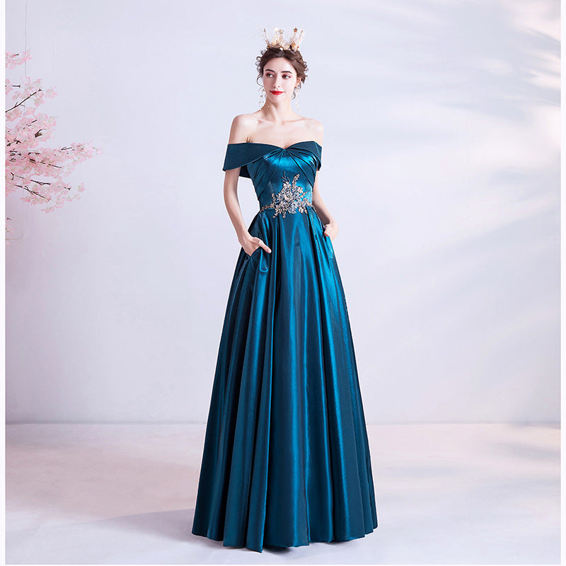 Dinner dress navy peacock blue satin off shoulder evening dress banquet dresses H282