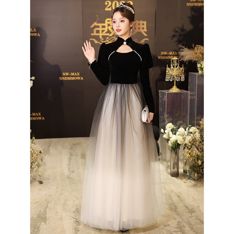 Evening Dress Long Sleeve Black Banquet Evening Dress for Women 2023 New Long Sleeve Elegant Art Exam Host Annual Meeting H281