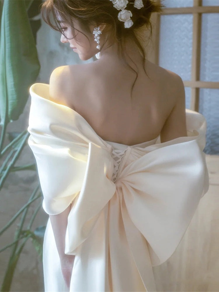 Wedding Dress Satin off-Shoulder Light Wedding Dress Bridal Sense Temperamental Fairy Fishtail Skirt H887