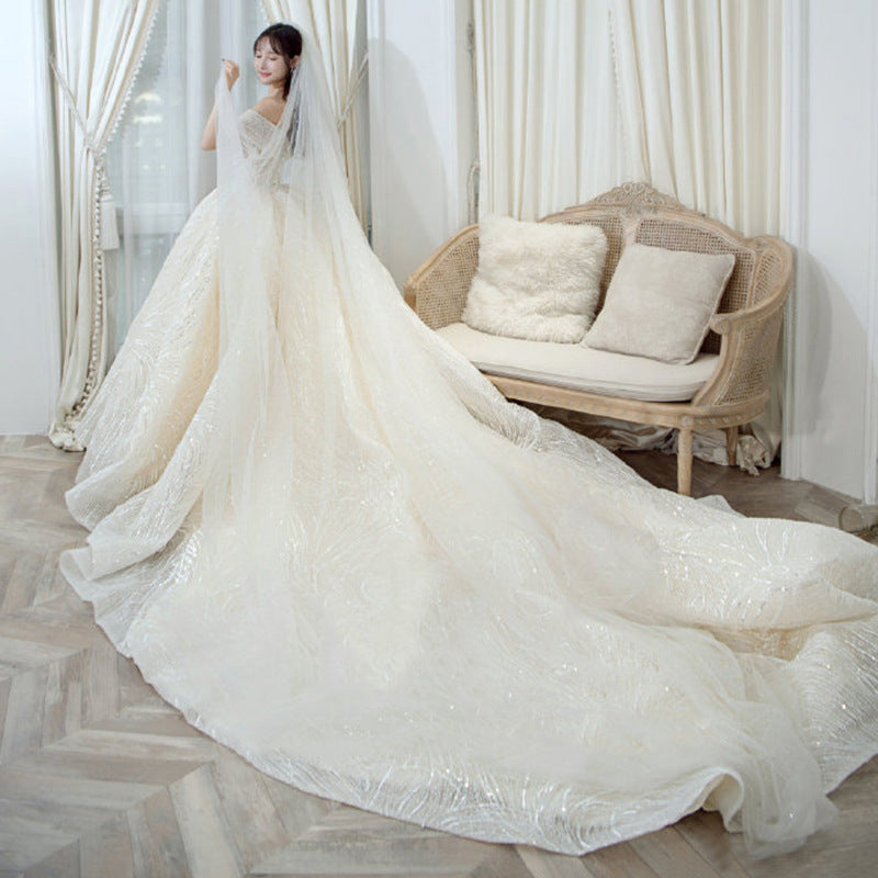 off-Shoulder Primary Wedding Dress  Bride Trailing Starry Sky Simple Super Fairy Mori Style Dream Dress H889