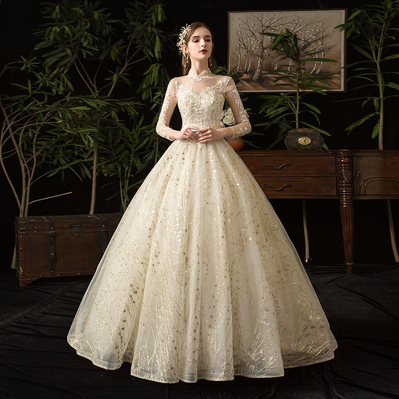 New Wedding Dress Starry Sky French Style Retro Long Sleeve Stand Collar Hepburn Bridal plus Size Tulle Tutu Wedding Dress Evening Dress