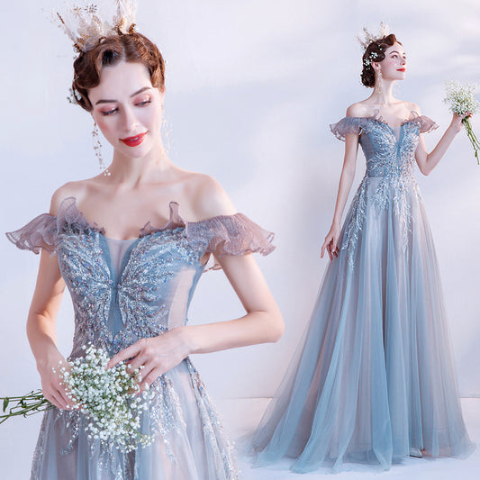 Buttefly dress princess dress off-Shoulder Evening Dress Blue Court Style Dinner Annual Meeting Performance Banquet Host Art Exam Catwalk Wedding Dress LAS462