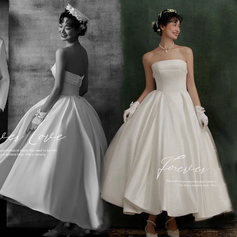 Wedding Dress Minimalist Simple Tube Top Satin Light Wedding Dress Princess Pettiskirt Vintage Gown H291