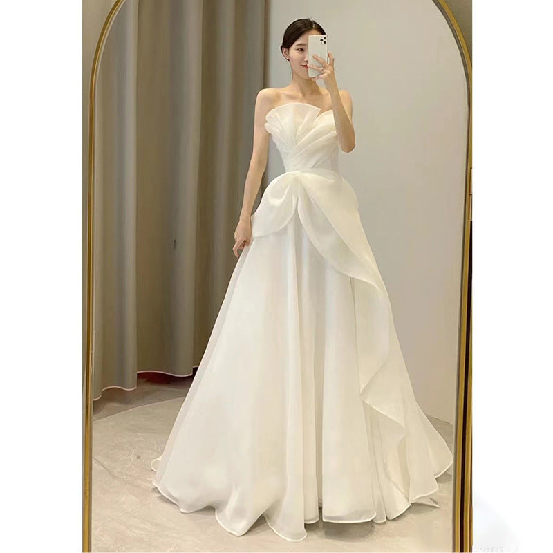 Tube Top Light Wedding Dress 2022 New Summer Bridal French Style Trip Shoot Simple Outerwear Yarn Welcome Yarn Fairy Dress for Women H245