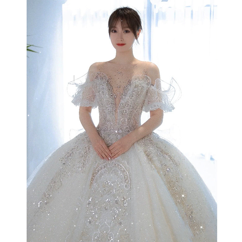 Wedding Dress evening gala Bride Princess Fairy Temperamental Palace Style Large Traling Princess gown off shoulder white butterfly maxi dresses H998