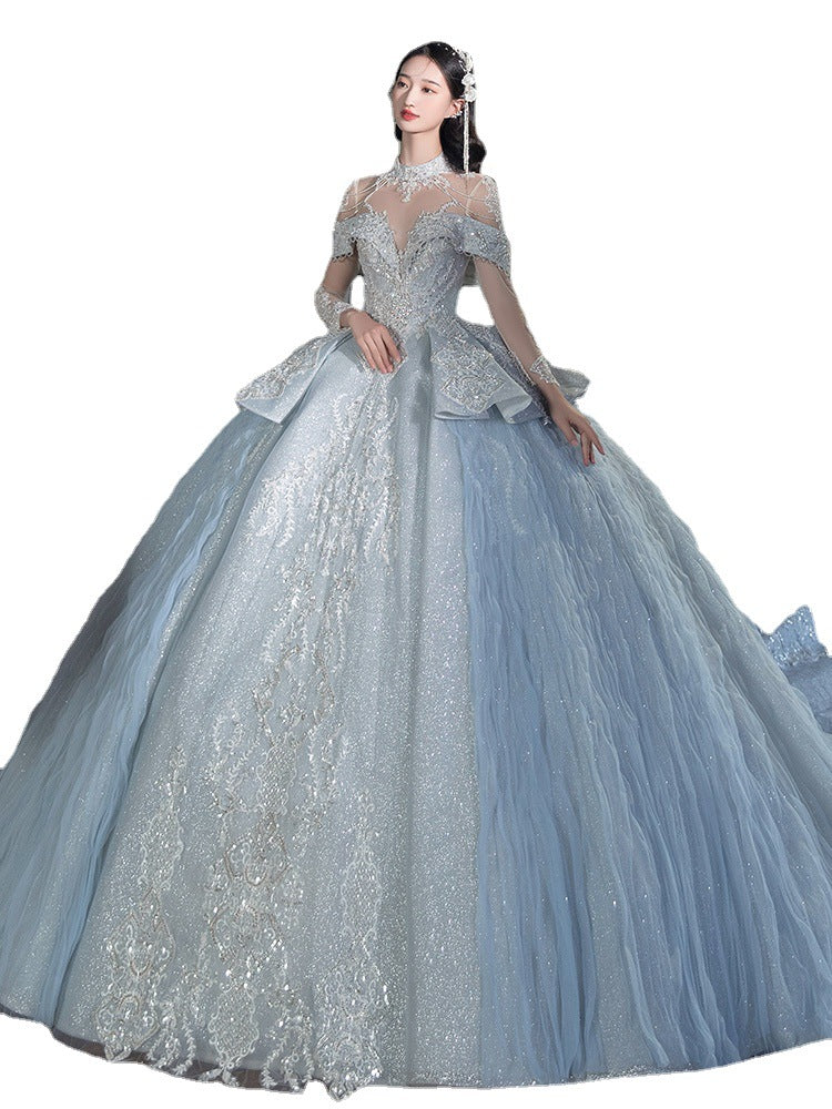 Bridal Long SKY BLUE Sleeve Palace Style Main Yarn Advanced Texture Wedding Veil Bride dress Princess dresses H233