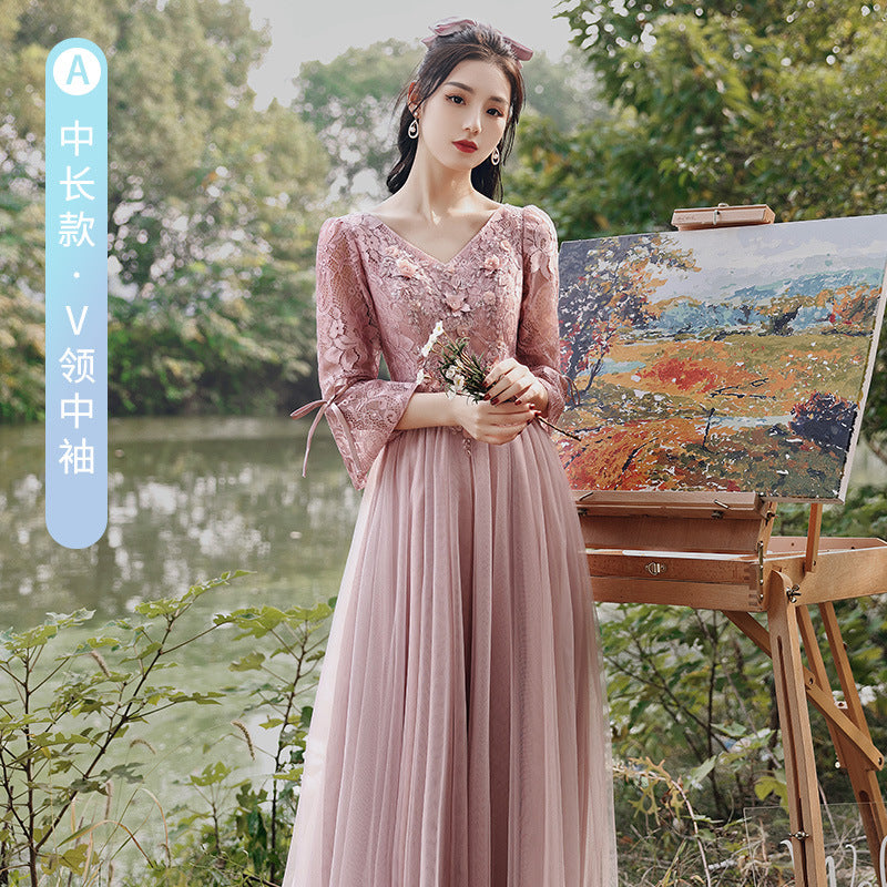 Pink Bridesmaid Dress Fairy Temperament 2022 New Spring Thickened Long Sleeve Girlfriends Ladybros' Dress Female Slimming