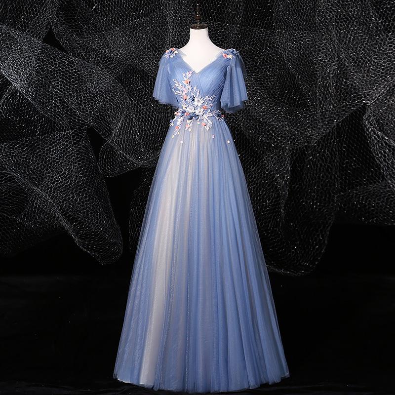 Haze Blue sky blue dress floral dress flower dress wedding Dress Women's Long Beauty Tutu Dress Stage Host Hostess Performance Costumes Bottoming Dress LAS372