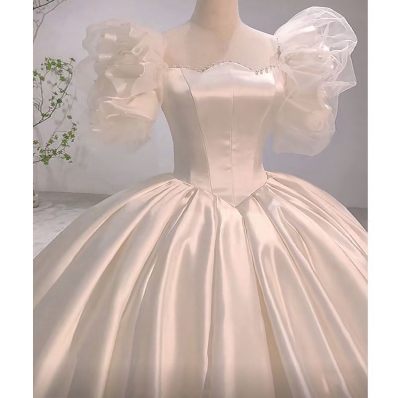 Wedding Dress Satin Bridal off-Shoulder Retro French Puff Sleeve Trailing H283