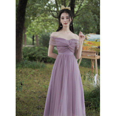 Purple Dress Bridesmaid Dress 2022 New off-Shoulder Bridesmaid Group Sisters' Clothes Graduation Chorus Daily Performance Slimming Dress H756