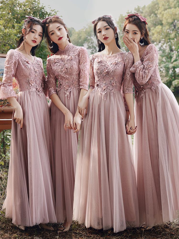 Pink Bridesmaid Dress Fairy Temperament 2022 New Spring Thickened Long Sleeve Girlfriends Ladybros' Dress Female Slimming