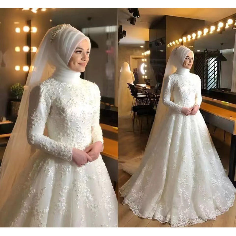 Muslim Wedding Dress Long Sleeve Dress Bridal Wedding Long Sleeve White Dignified Elegant Foreign Trade Wedding Dress H999