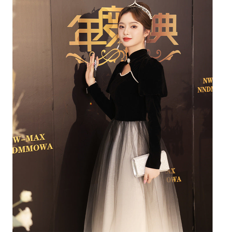 Evening Dress Long Sleeve Black Banquet Evening Dress for Women 2023 New Long Sleeve Elegant Art Exam Host Annual Meeting H281