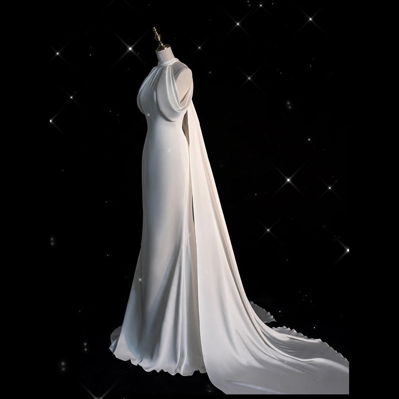 Halter Light Wedding Dress Satin Hepburn Style Stylish and Personalized Trailing French Welcome Yarn Fishtail Gown h335