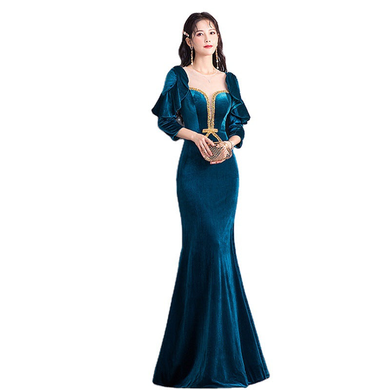 Green Blue dress Evening Dress Velvet Women's 2020 New Super Fairy Banquet Temperament Autumn and Winter Long Sleeve Host Long Show Fishtail Skirt